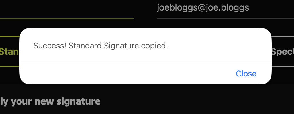Dialog — Signature Copied